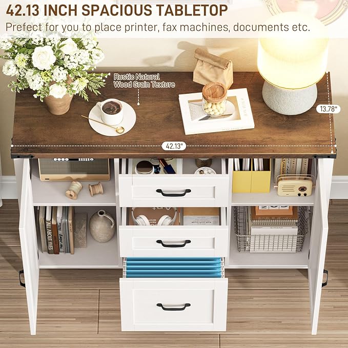 Vabches File Cabinet with 3 Drawers, Farmhouse Lateral File Cabinet Fits Files Letter/A4 Size, Wooden Filing Cabinet with Door and Adjustable Shelves Printer Stand for Home Office, Rustic White