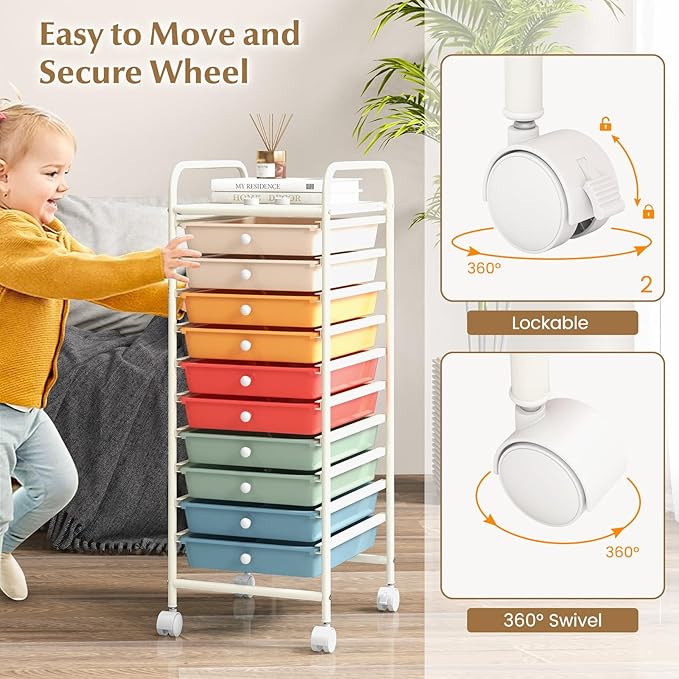 GLACER 10 Drawers Rolling Cart, Storage Cart with w/Removable Drawers & Steel Frame, Utility Mobile Trolley w/Universal Casters & 2 Brakes, Organizer Cart for Home, School, Office (Macaron)