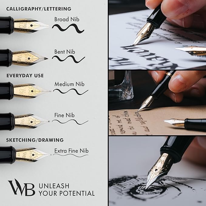 Wordsworth & Black Fountain Pen Set, Broad Nib, Includes 24 Pack Ink Cartridges, Ink Refill Converter & Gift Box, Chrome Finish, Calligraphy, [Black Chrome], Perfect for Men & Women