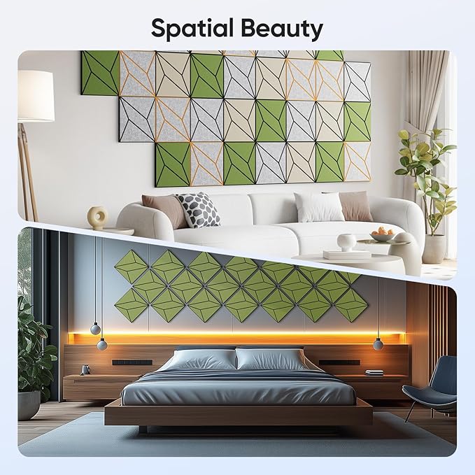 UNECHO 12 Pack 12" X 12" X 0.47" Acoustic Panels for Wall Sound Absorbing, Dual-Color P-Stripes Square Self-Adhesive Sound Panels, High Density Suitable for Multiple Scenarios(Black+DarkGreen)