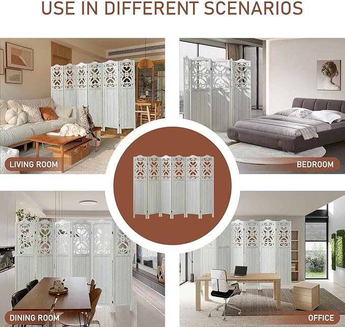 ALeesing 6 Panel Room Divider Fully Assembled, Carved Room Dividers and Folding Screens, 5.6Ft Wood Room Divider Screen Freestanding Partition Wall Dividers for Home Bedroom Office, Rustic White