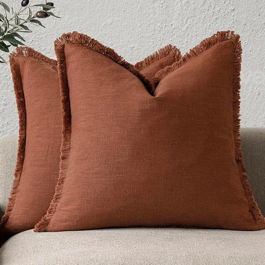 Foindtower Set of 2 Decorative Linen Fringe Throw Pillow Covers Farmhouse Cushion Cover with Tassels Soft Accent Pillowcase for Couch Chair Sofa Bed Living Room Home Decor,16×16 Inch,Fall Rust Orange