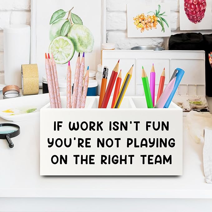 XPH Inspirational Pen Pencil Holder Organizer for Desk, Inspirational Gifts for Women, Teamwork Team Gifts for Employees Coworkers Wooden Box Sign for Home Office Desk Tabletop Decorations