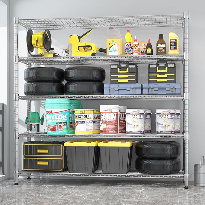 Homdox 5 Tier Heavy Duty Metal Wire Shelving with Wheels, 3000 lbs Capacity Garage Storage Rack, Rolling Industrial Storage, Adjustable Commercial Shelves for Kitchen, Warehouse, 18"x60"x82", Chrome