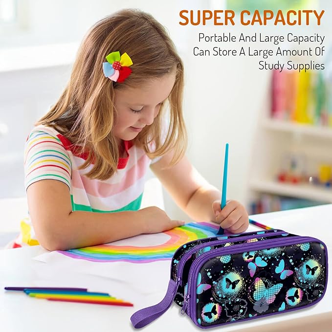 Cute Pencil Case for Girls, Large Girls Pencil Pouch for School Supplies, Portable Butterfly Pen Bag, Aesthetic Pen Box with Zipper, 2 Compartments Stationary Organizer for Kids Teens Students Adults