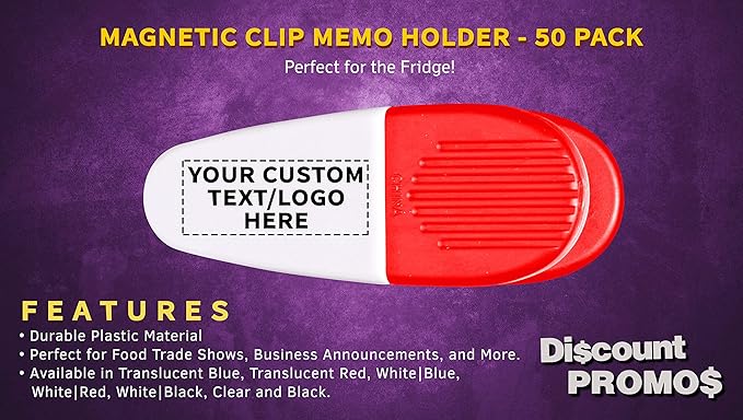 50 Magnetic Memo Holders Set - Customizable Text, Logo - Large Clip, Plastic - White Red