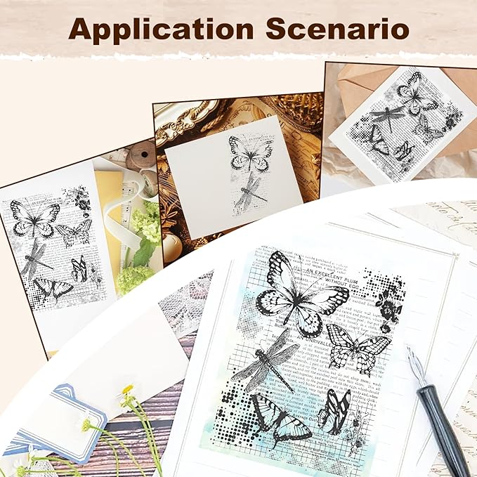 UCEC Retro Butterfly Vintage Stamps for Crafting, Clear Stamps for Card Making, Silicone Clear Travel Stamp for Journals DIY Scrapbooking Journal Home Decoration, 7.87x5.91inch, 1 Sheet