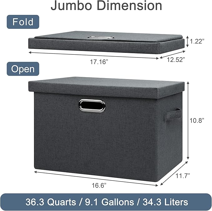 Graciadeco Large 17" 36 Quart Collapsible Stackable Storage Bins with Lids, 5 Packs Dark Gray Foldable Fabric Closet Storage Boxes with Lids Heavy-duty Linen Cube Baskets(17 x 12 x 11)