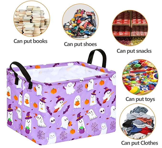 FUULOXE Halloween Empty Storage Basket with Handles Open Gifts&Candy Spooky Basket stuffers for Kids Baby Collapsible Women Organizer Bins Toys Boxes for Shelves Home Office