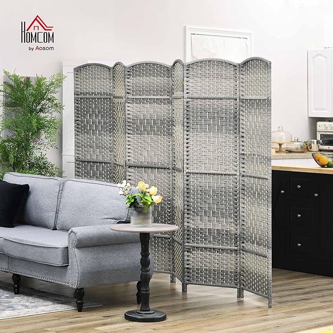 HOMCOM 6 Panel Room Divider, 6' Tall Folding Privacy Screen, Hand-Woven Freestanding Wall Partition for Home Office, Bedroom, Mixed Gray