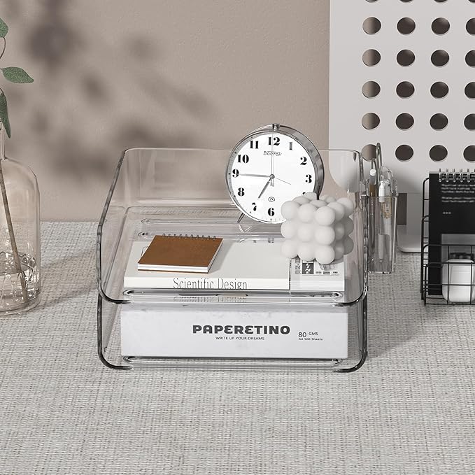 FANXIYQ 2-Tier Acrylic Paper Tray Organizer with Pen Holder | Clear Stackable Desk Organizer for Documents, Letters, A4 Paper | Modern Office/Classroom/Home Organization
