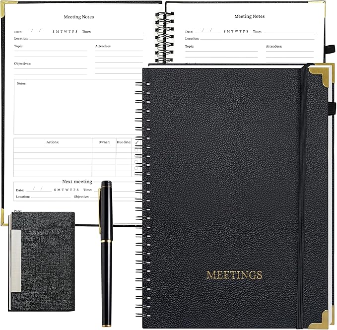 Meeting Notebook Set for Work – 3 Piece PU Leather Business Notebook with Pen & Card Holder, Professional Planner 7”x10”, Black with Gold Corners