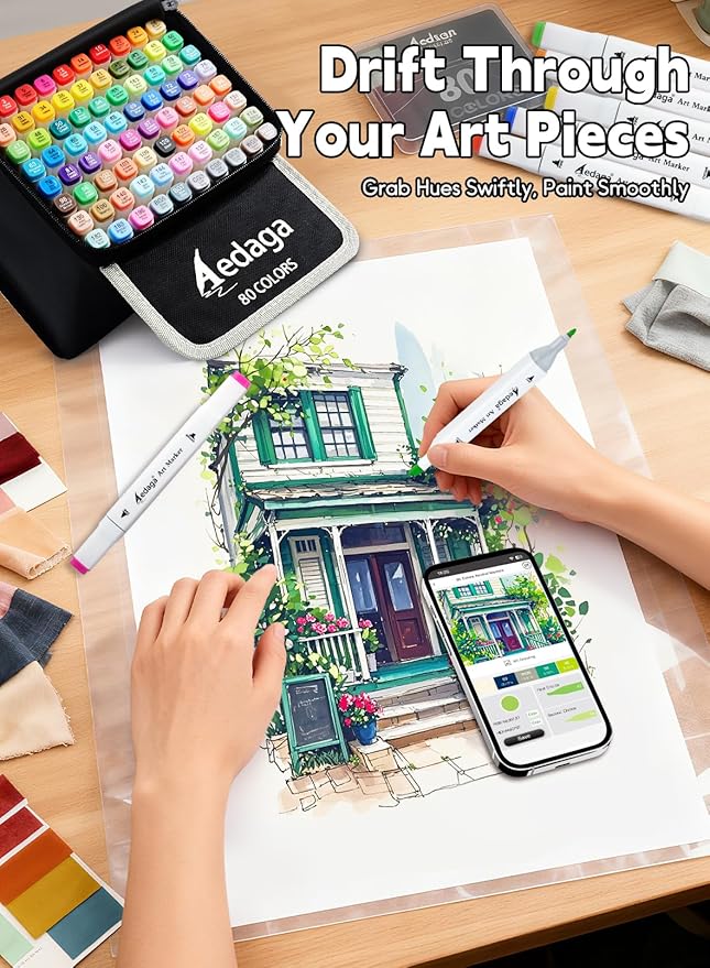 AEDAGA 120 Colors Alcohol Markers with Free App, Dual Tip Art Marker with Kickstand Case for Artists Adults. Alcohol Based Markers for Coloring Painting Sketching and Drawing, Great Gift