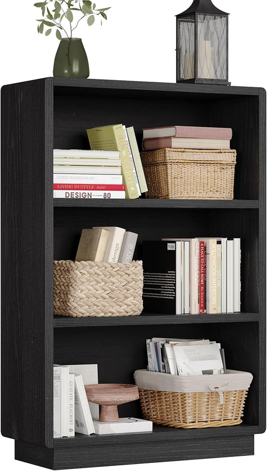 ChooChoo 3-Tier Bookcase, Wooden Bookshelf, Farmhouse Bookshelf with Open Storage, Tall Bookcase for Bedroom and Home Office, Black