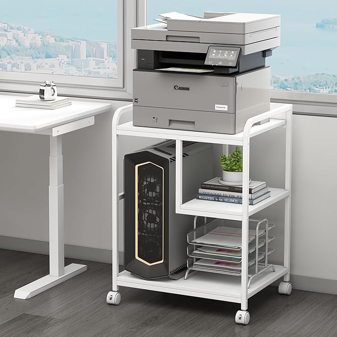 Fannova Large Printer Stand Table with Storage Shelf for Host Computer, PC Tower, CPU and Shredder, 3 Tier Rolling Printer Cart with Wheels for Home Office Storage and Organization - White