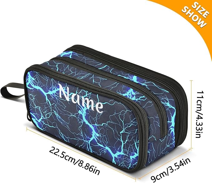BOENLE Custom Dark Blue Electric Lightning Pencil Case Box Boys Girls Personalized Name Large Pencil Pouch Stationery Pen Bag Organizer for Kids Adults School Office