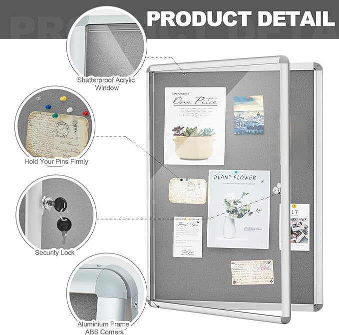 Geetery 36 x 24 Inch Enclosed Bulletin Board with Locking Door Fabric Cork Outdoor Bulletin Board Lockable Display Case, Tamperproof Aluminium Frame Noticeboard Wall-Mounted for School, Office (Gray)