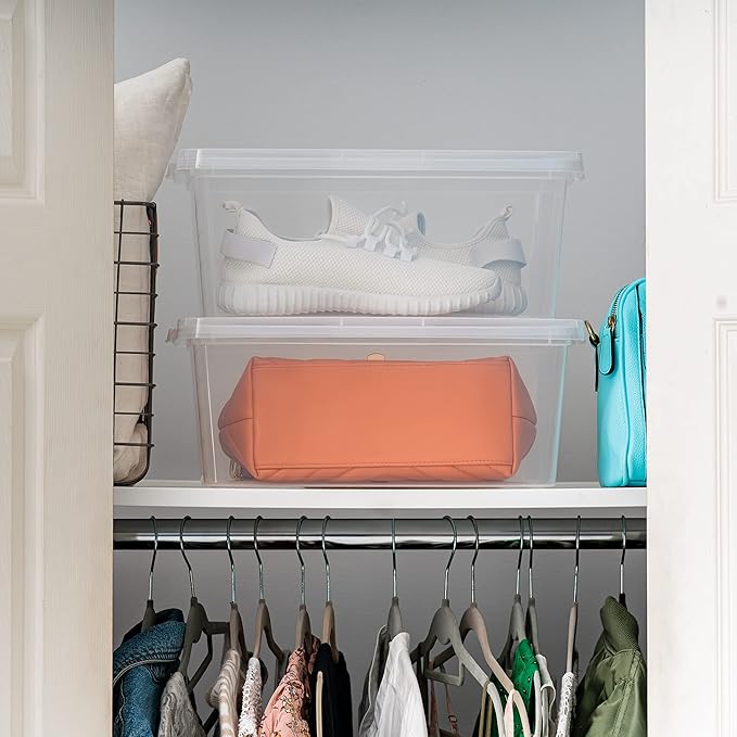 IRIS USA 12-Pack Storage Bins with Lids, 15 Quart, Shoe Boxes Clear Stackable Containers Organize Shoes Closet Shelves, Organization Teacher Tools, Game Storage - BPA-Free Plastic