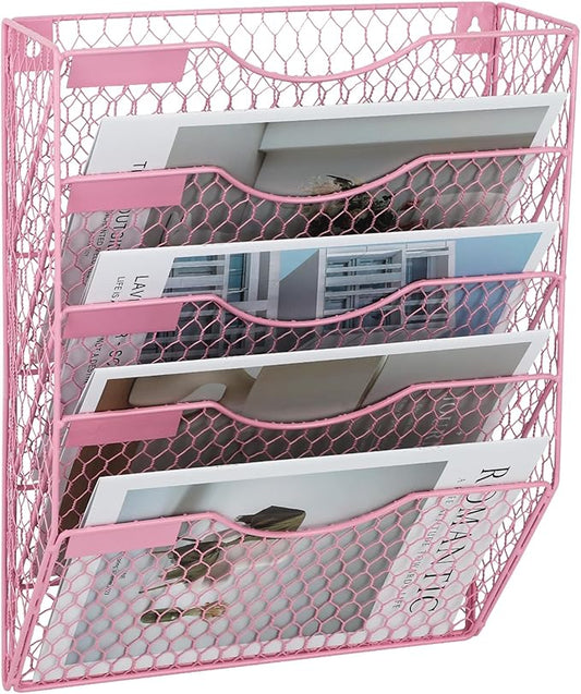 EASEPRES Mail Organizer Wall Mount Hanging File Holder Storage, Metal Chicken Wire Magazine Rack 5 Tier, Pink
