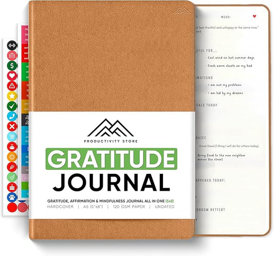 Gratitude & Self-Care Journal - Guided Mindfulness & Mental Health Journal All-in-One with Prompts for Self Discovery - Daily Journal for Men & Women by PRODUCTIVITY STORE (A5, Brown)