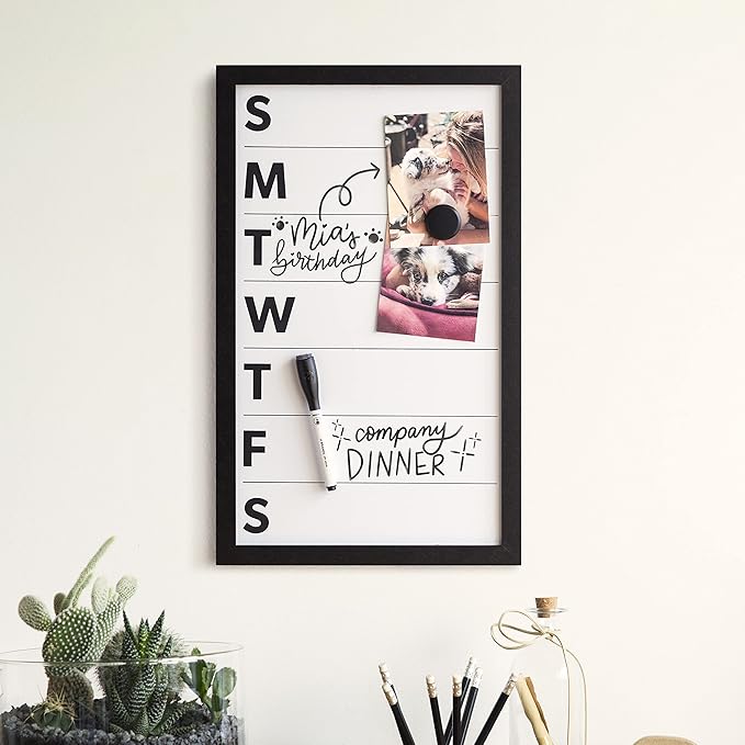 U Brands Framed Magnetic Weekly Calendar Dry Erase White Board, Office Supplies, Black Frame, with Marker, Magnet, 11” x 18”