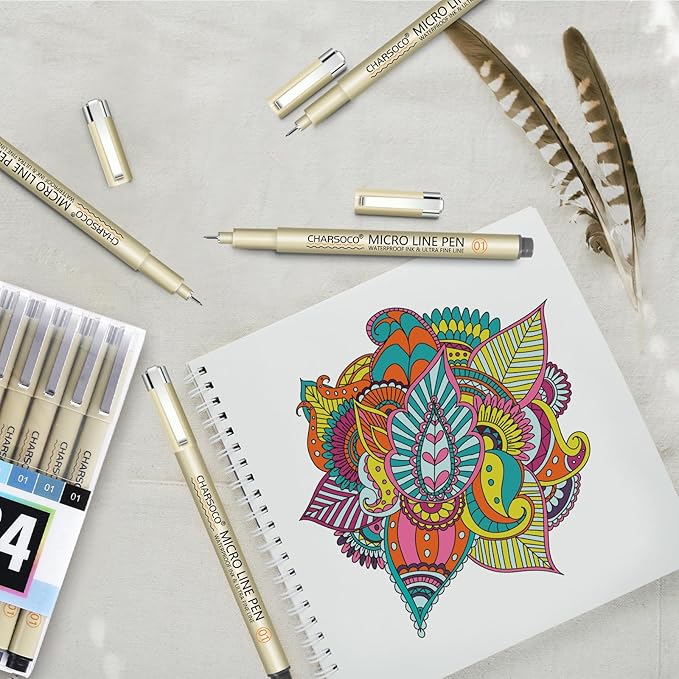 CHARSOCO 01 Micro Pen, Waterproof Archival Ink, 0.25mm Fineliner Ink Pens for Artist Illustration, Sketching, Anime, Manga, Technical Drawing and Scrapbooking, Fine Point Pen with 24 Colors