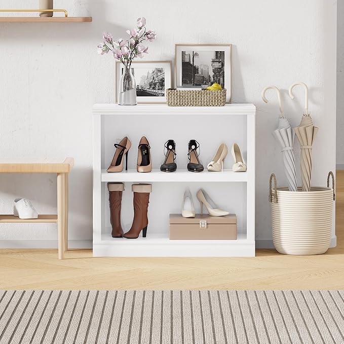 blini 2-Shelf White Bookcase Wooden Bookshelves 33in Wide Floor Standing Display Storage Shelves Low Bookcase for Home Office, Living Room, Bed Room