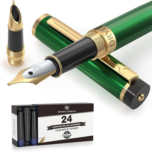 Dryden Designs Fountain Pen - Medium and Fine Nibs | Includes 24 Ink Cartridges and Ink Refill Converter | Calligraphy Pen, Consistent Writing, Smooth Flow - Emerald Green.