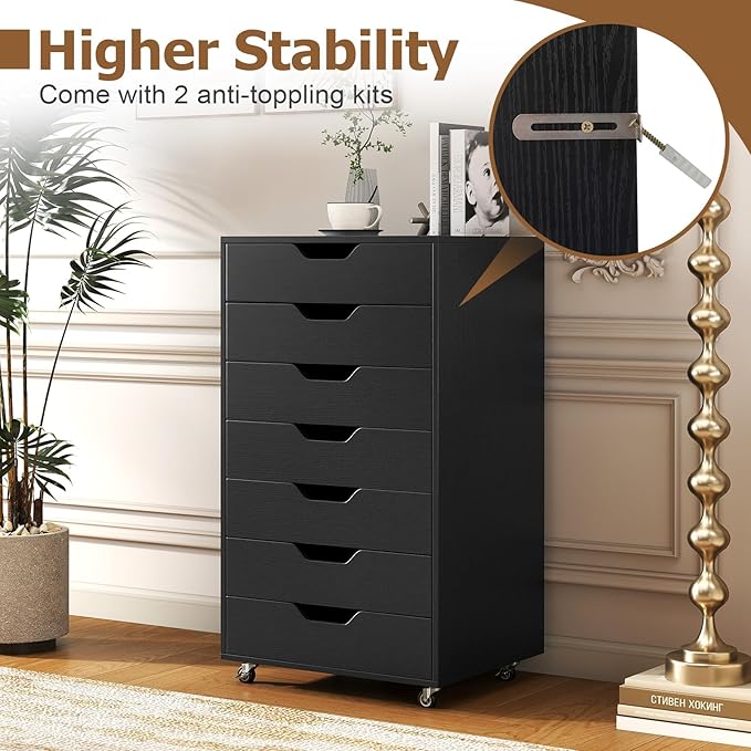 Giantex 7-Drawer Storage Cabinet, Mobile File Organizer with 4 Universal Casters, Wooden Vertical Filing Cabinet on Lockable Wheels for Office, Study, Living Room (19.5” x 16” x 34.5”,Black)