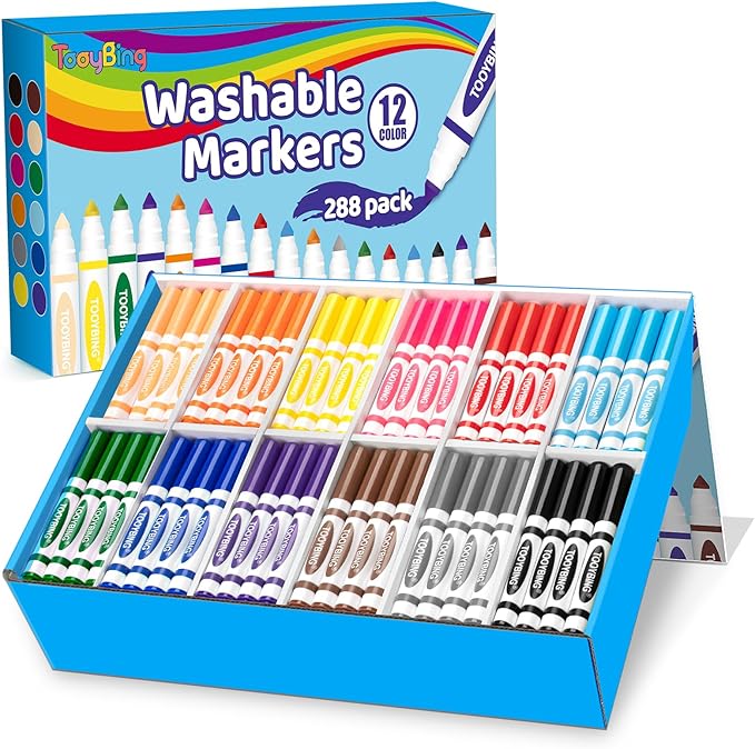 TooyBing Washable Markers Bulk (288 Count), 12 Assorted Colors, Washable Markers for Kids Classroom School, Broad Tip Durable for Back to Classroom Art School Supplies Essentials