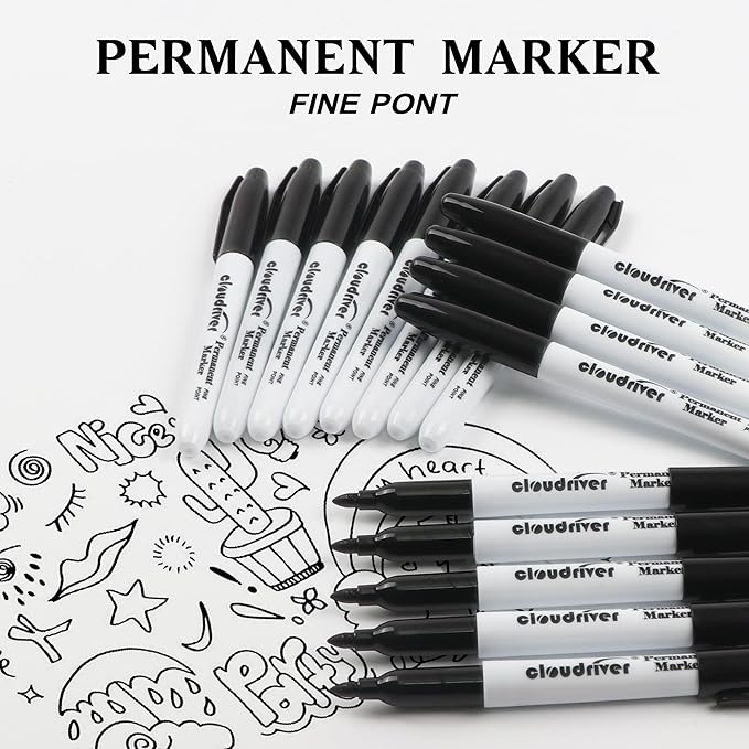 cloudriver Black Permanent Markers Fine Tip, 60 Packs Permanent Markers Bulk, Quick Drying & Fade Resistant, Permanent Marker Set Works on Plastic,Wood,Stone,Metal and Glass for Doodling, Marking