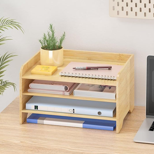 Wisuce Essentials Bamboo Desk Organizer Mail Holder Countertop Letter Tray File Organizer for Desk Letter Sorter Paper File Storage for School Home Office Supplies