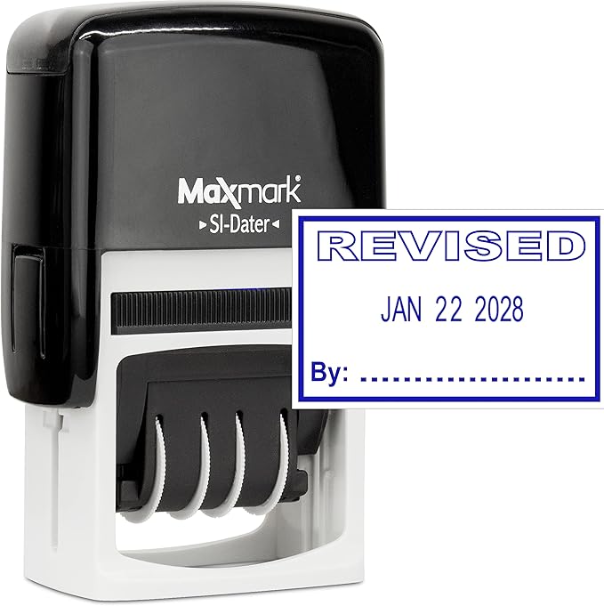 MaxMark Office Self Inking Date Stamp with Phrase Revised - Blue Ink