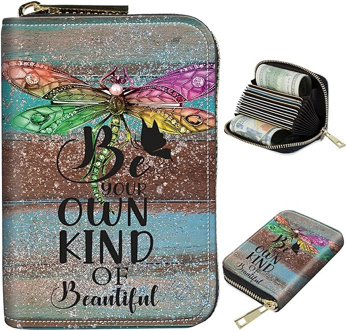 BWEGRHE Cute Credit Card Holder with Zipper, Dragonfly Glitter Wood RFID-Blocking Card Case Small Wallet for Women Men, Multi-slot Card Organizer Case Travel Accordion Wallet