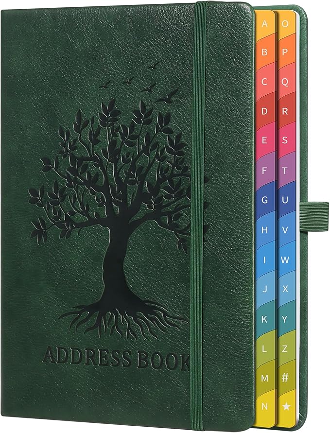 ZXHQ Address Book with Colorful Alphabetical Tabs (8.4" x 5.8") - Address Books for Seniors Hardcover Telephone and Contact Organizer, with Space for Important Website Passwords - Dark Green