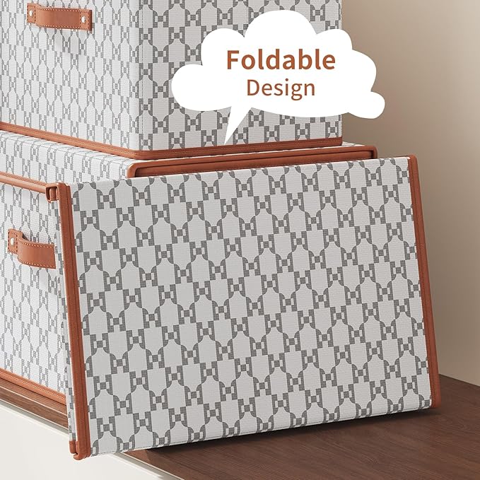 Tuza 2 Pack Fabric Storage Bins with Lids, Collapsible Closet Organizer Container, Decorative Storage Boxes with Lids for Organizing Clothes, Blanket, Grey & White, Large