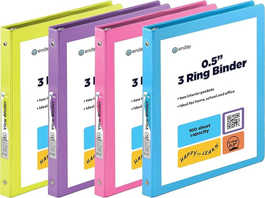 ½ Inch 3 Ring Binder .5 inch Clear View Cover with 2 Inside Pockets, Colored School Supplies Office and Home Binders - Assorted Colors May Vary (4 Pack) – by Enday