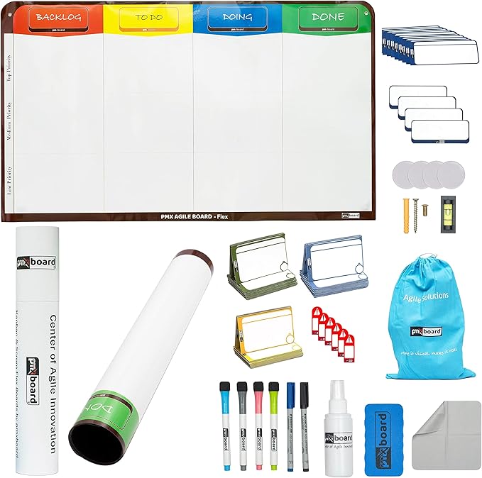 pmxboard 4 Column Magnetic Kanban Board, Scrum Board Flex Whiteboard Kit. Agile Kit, 64 Magnetic Kanban Cards Kit, Scrum Cards Set. Project Management Board for Project Planning, Kanban Whiteboard Kit