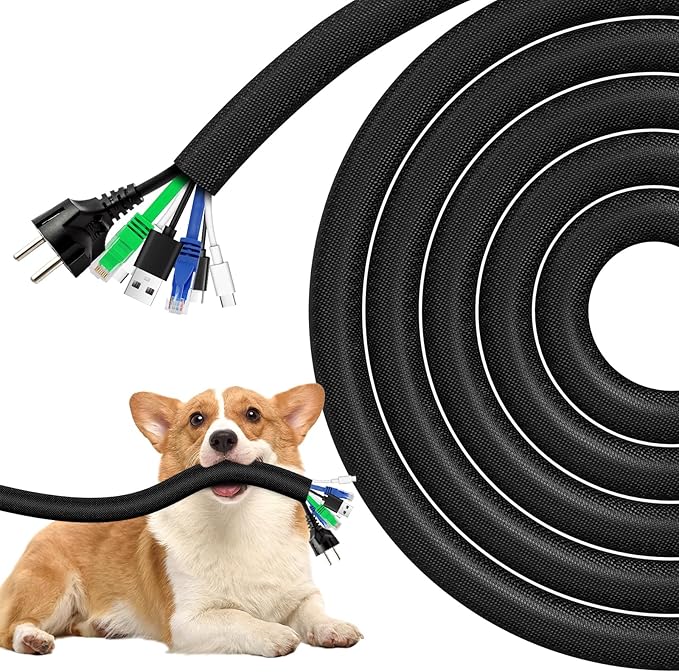 AGPTEK Cable Sleeve Cover, 6.6ft - 1.35 inch Dog Cat Cord Protector Management, Protect Cables from Pets Chewing, for Home Desk Automotive Wire Loom Tubing Cord Protection Self-Wrapping, Black