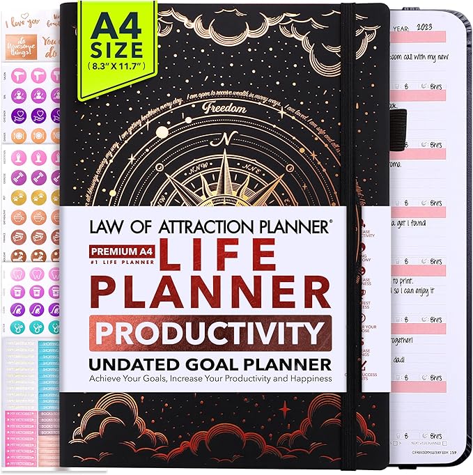 Life Planner - Undated Weekly & Monthly Planner, 12-Month Journey to Increase Productivity | Gratitude Journal, Life Organizer & Goal Journal | Include Foldable Vision Board, Habit Tracker & Stickers