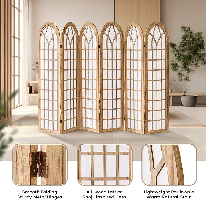 ALeesing Folding Room Divider Privacy Screen Freestanding 6-Panel Shoji Style Wooden Frame Decorative Partition Wall for Bedroom Office Apartment Natural