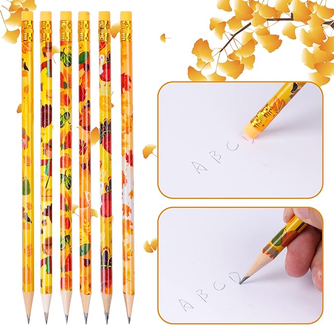 Kolewo4ever 200 Pieces Thanksgiving Pencils Assortment Cylinder Wood Pencil Maple Leaf Autumn Turkey Pencil for Thanksgiving Pumpkin Autumn Gift,6 Styles