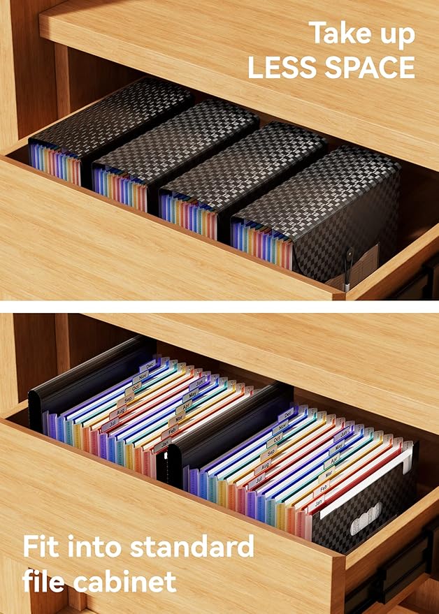 ABC life 12-Pocket Accordion File Organizer, Expandable File Folder with Colorful A-Z Tabs, Portable Bill & Receipt Organizer, Desktop Letter/A4 Document Storage for Home & Office-Black Matt