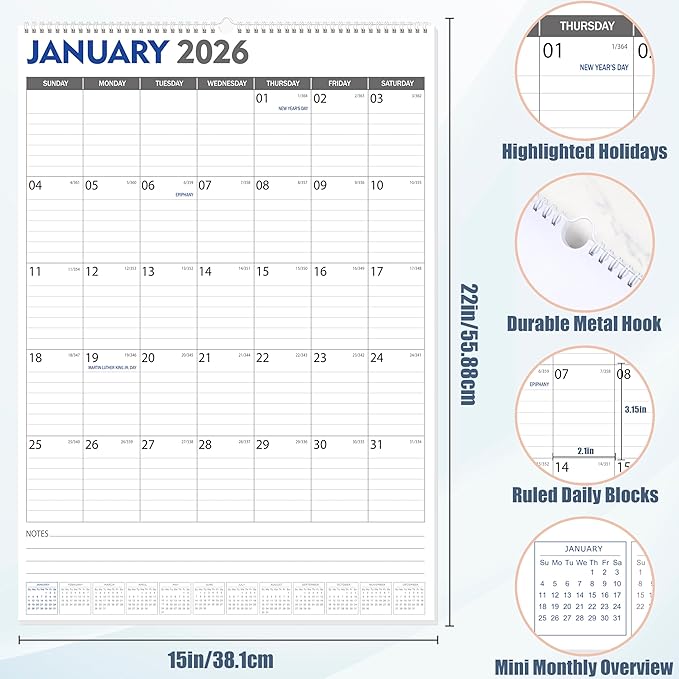GuassLee Large Wall Calendar 2026-2027, 22"x15" Vertical Wall Calendar 2026, Jan. 2026 to Jun. 2027, 18-Month Paper Hanging Planner Wall with Julian Date for Office Home Planning & Organizing