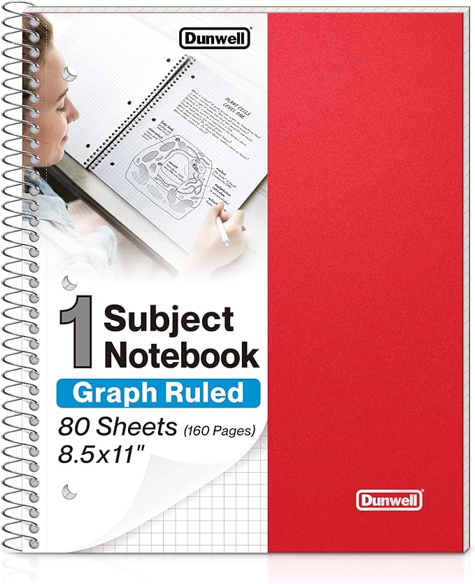 Dunwell Graph Paper Notebook 8.5 x 11 (Red) Plastic Cover, 100 Sheets (200 Pages), 4x4 Squares, 1 Subject Graph Paper Spiral Notebook, 1/4" Grid, Pocket Divider, Easy Tear-Off, 3-Hole Punched