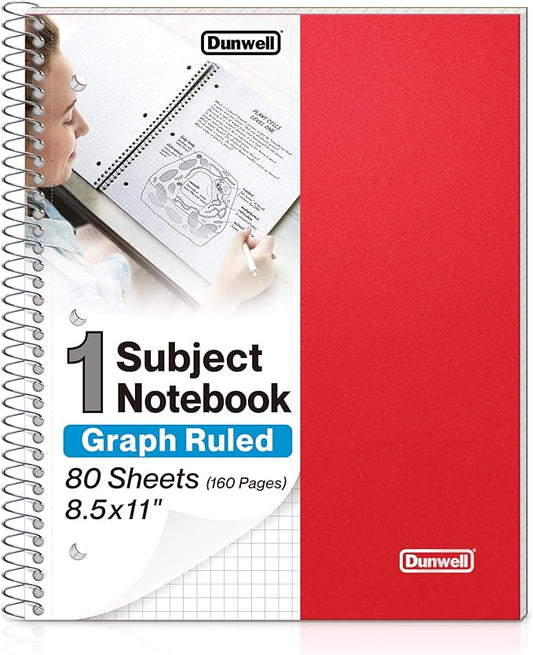 Dunwell Graph Paper Notebook 8.5 x 11 (Red) Plastic Cover, 100 Sheets (200 Pages), 4x4 Squares, 1 Subject Graph Paper Spiral Notebook, 1/4" Grid, Pocket Divider, Easy Tear-Off, 3-Hole Punched