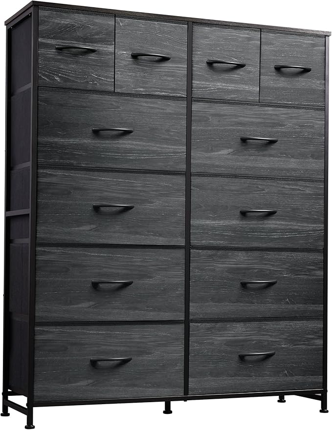 WLIVE Tall Dresser for Bedroom with 12 Drawers, Dressers & Chests of Drawers, Fabric Dresser for Closet, Living Room, Storage Dressers with Storage Drawers, Wood Top, Charcoal Black Wood Grain Print