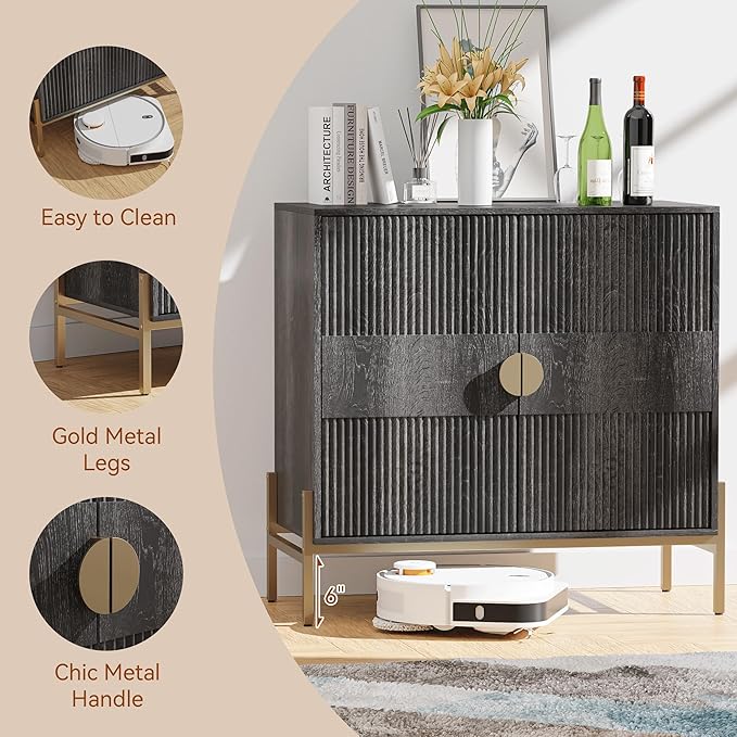 HOCAT 30.7" Accent Cabinet, Modern Buffet Cabinet with Gold Metal Legs, Fluted Sideboard for Dining Room, Kitchen, Darkgrey