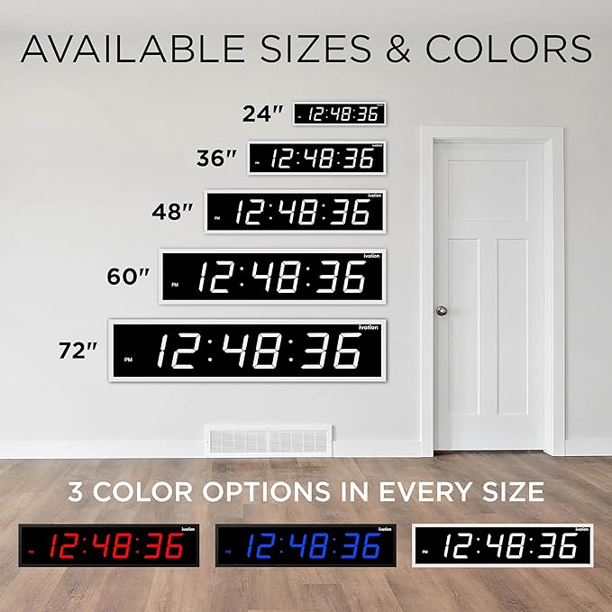 Ivation Huge Oversized 72" Large Digital LED Clock | Big Digital Clock w/Multi-Function Display – Stopwatch, Timer, Alarms, Temp & Date | 6 Brightness Levels, Time Memory & Remote (White)