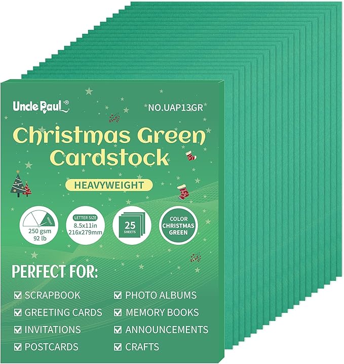 25 Sheets Christmas Green Cardstock - 8.5'' x 11'' 92lb Double-sided Cover Card Stock 250gsm Heavyweight Paper for Art Crafts Business Cards Party Décor UAP13GR
